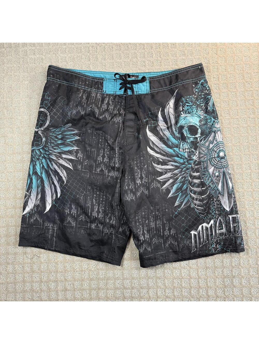 MMA Elite Skull Fight Shorts Black Teal Large